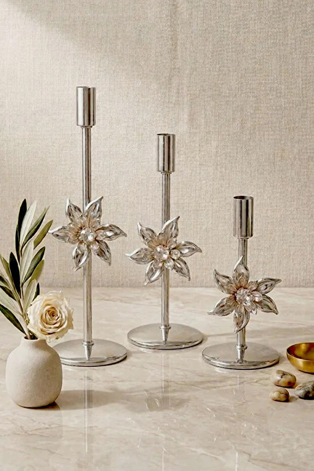Kitchen Life 3-Piece Daisy Figured Stainless Steel Silver Candlestick Candle Holder Set-Decorative Candlestick Set