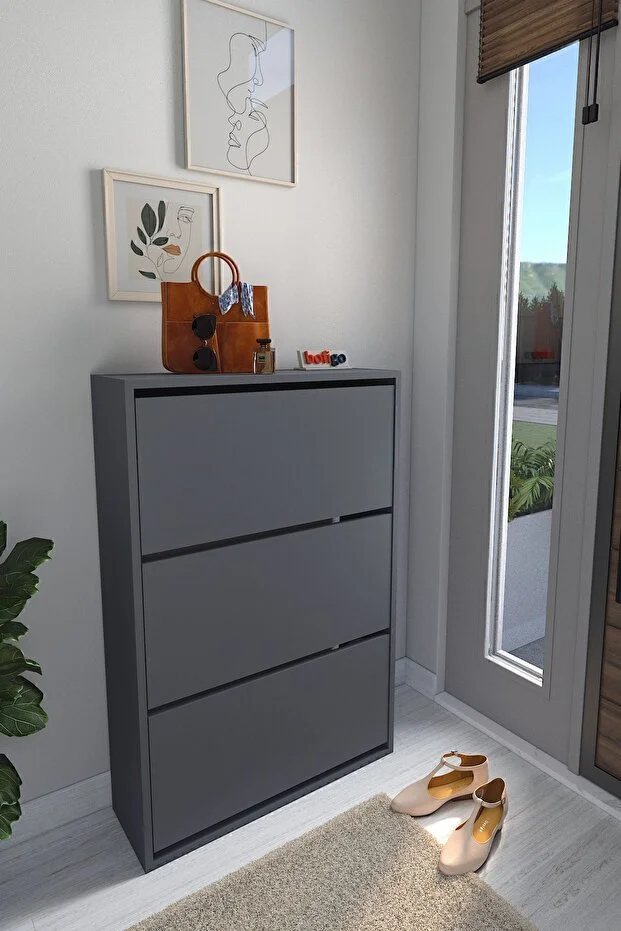 Bofigo Folding Shoe Rack with Sliding Shelves, 3-Section Shoe Rack, Melek Anthracite