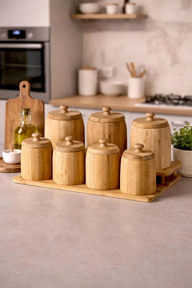 Kitchen Life  Pisa 7-Piece Countertop Bamboo Stand Spice Rack Set