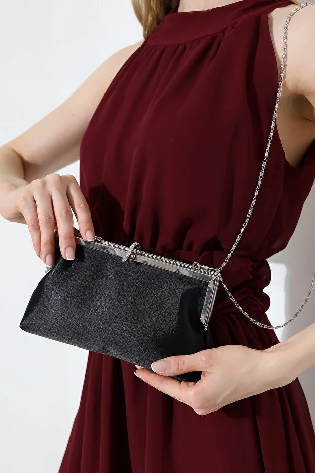 BALANZ Black Satin Evening Dress Bag with Stone-Set Buckle and Chain Detail, Clutch, Evening Bag and Handbag