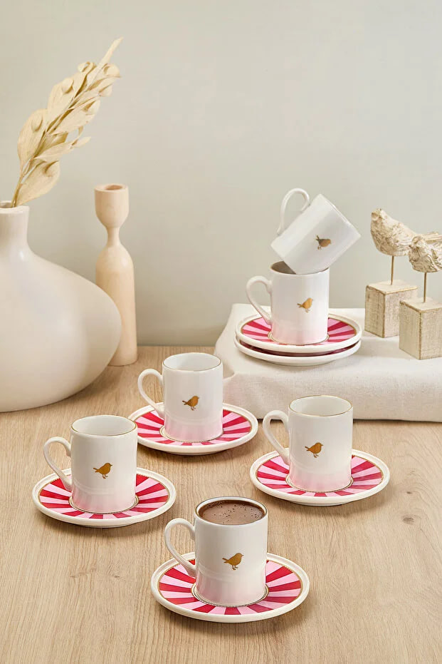 Kitchen Life 6-Piece Lovely Birds Porcelain Gold Gilded Coffee Cup Set - Gold Bird Coffee Cup