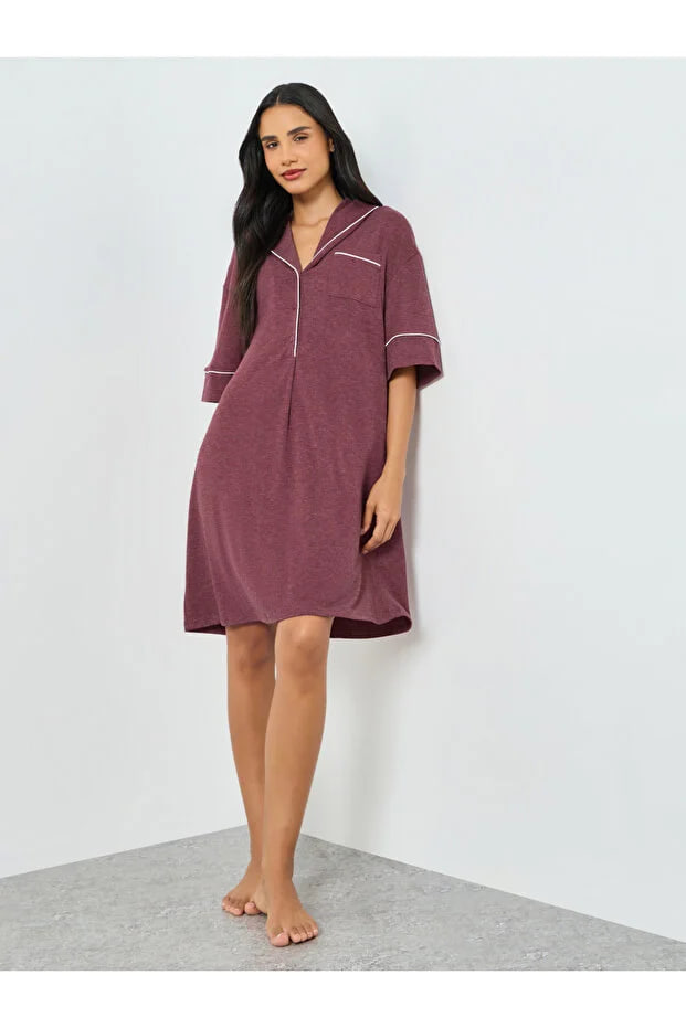 Styli Melange Half Placket Night Shirt with Contrast Piping