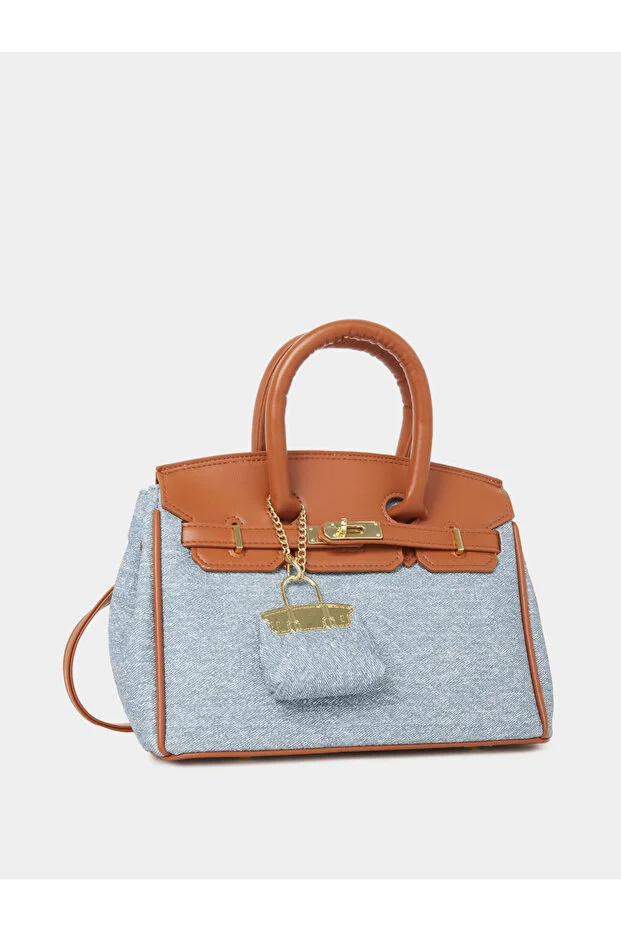 Styli Blue Denim Satchel Handbag with Brown Accents