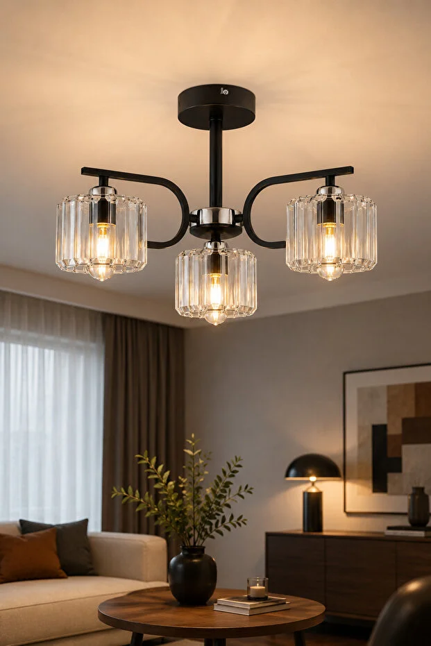 ESSLIGHT  RIVER 3-LIGHT CHANDELIER WITH CRYSTAL STONES DECORATIVE LIGHTING