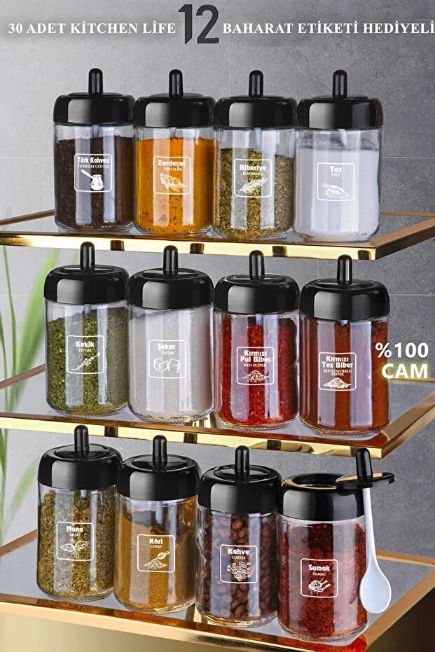 Kitchen Life 12-Piece Spice Jar Set with Lid, Spoon and Label 300 ml Glass Spice Set
