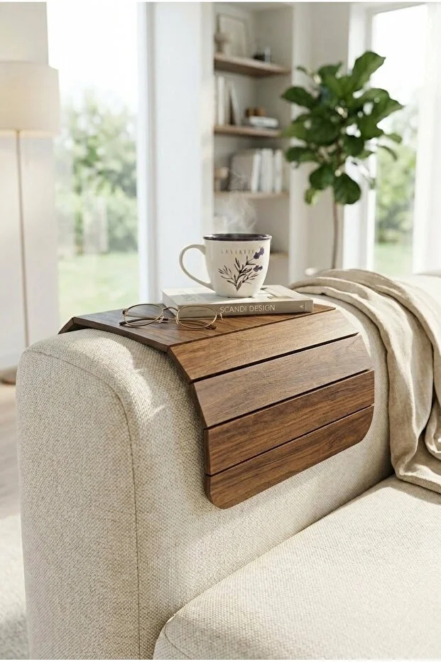 YUNUSOĞLU HOME Foldable Wooden Sofa Edge Side Table American Service Sofa Edge Seat Tray Walnut Color